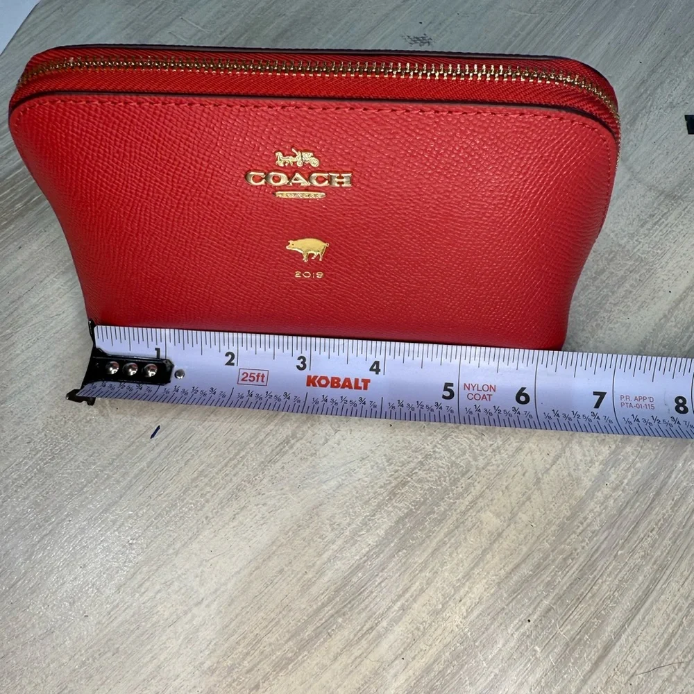 Coach Lunar New Year 2019 Pig Red Leather Cosmetic Pouch with Gold Logo